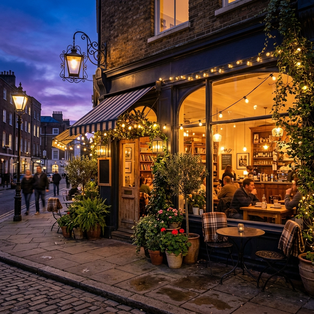 The Puffy Cloud Cafe exterior at twilight